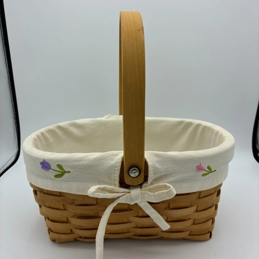 Vintage Splint Basket Wood Swing Handle Fabric Tulip Liner Oval